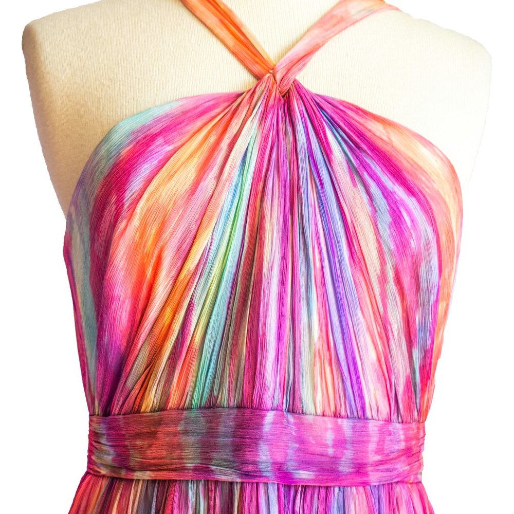 NEW silk halter long maxi dress painted rainbow pink 12 wedding party prom beach